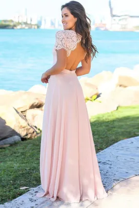 Blush Pink Open Back Lace Short Sleeve Prom Dresses Party Dresses MG110