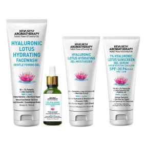 Complete Hydrating & Plumping Kit: Hyaluronic Lotus Face Wash, 1.5% Serum, Gel Moisturizer with 2% Pentavitin   Parsol HS, SPF 30    Sunscreen for Intense Hydration & Skin Barrier Repair