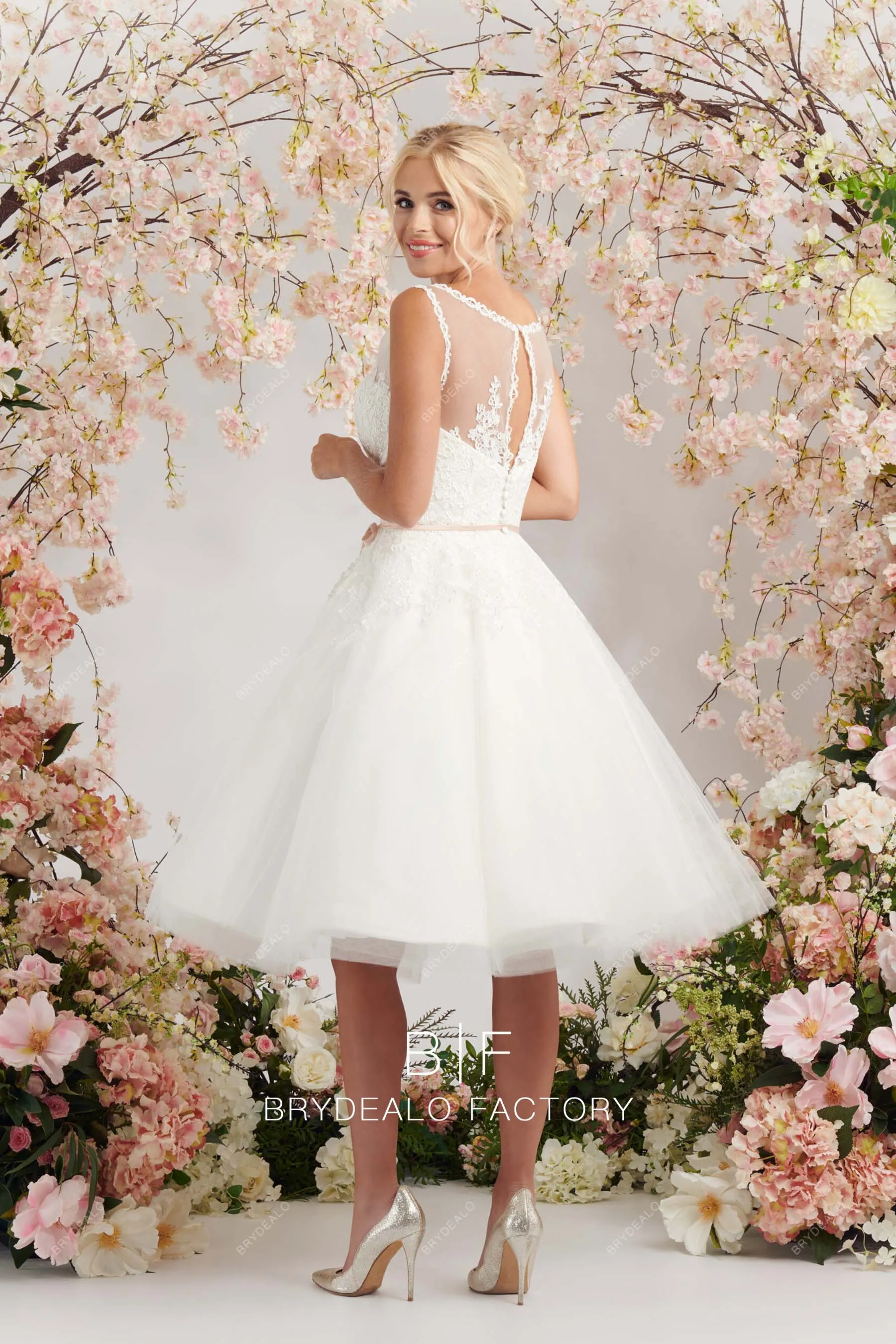 Refined Lace Sleeveless Illusion Neck A-line Tea Length Wedding Dress