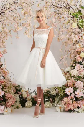 Refined Lace Sleeveless Illusion Neck A-line Tea Length Wedding Dress